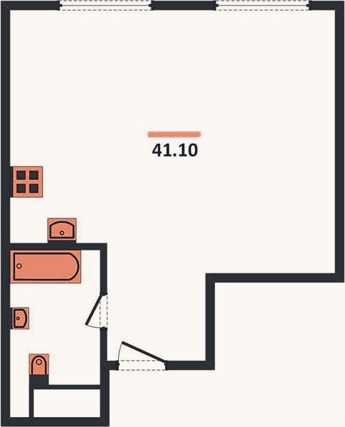 Планировка: 1-к, 41,1 м²