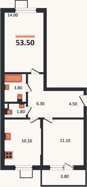 Планировка: 2-к, 53,5 м²