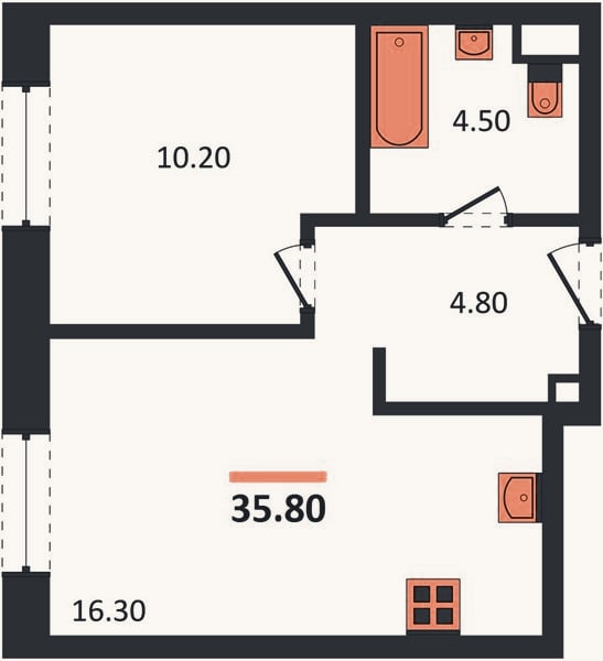 Планировка: 1-к, 35,8 м²