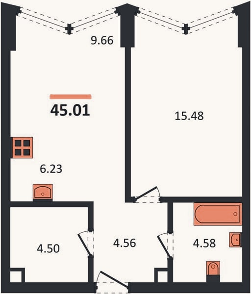 Планировка: 1-к, 45 м²