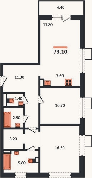 Планировка: 2-к, 73,1 м²