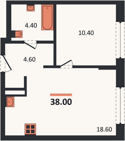 Планировка: 1-к, 38 м²