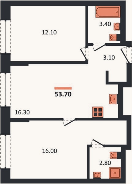Планировка: 2-к, 53,7 м²