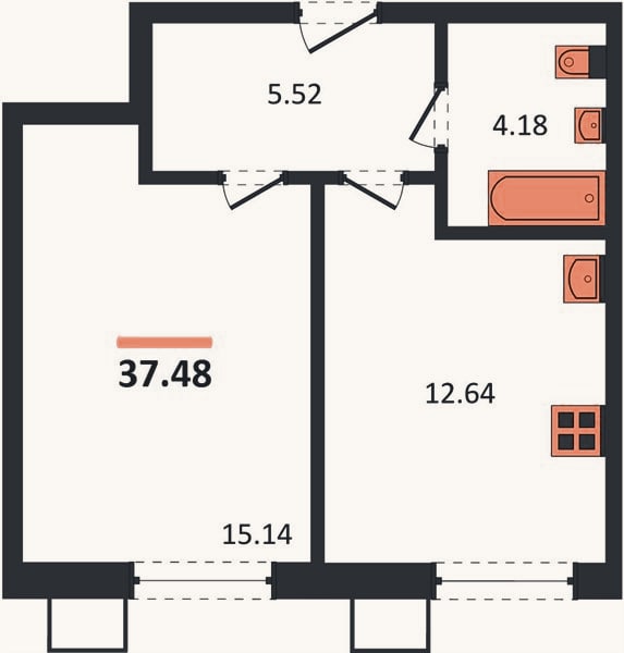 Планировка: 1-к, 37,5 м²