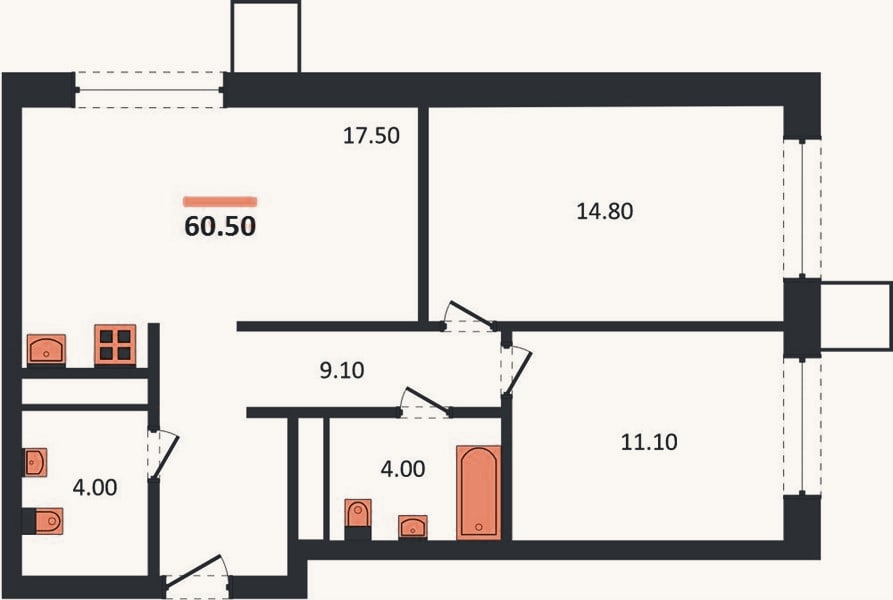 Планировка: 2-к, 60,5 м²