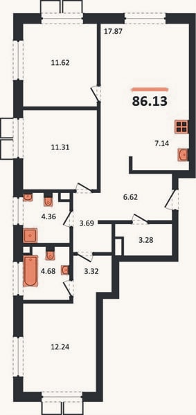 Планировка: 3-к, 86,1 м²