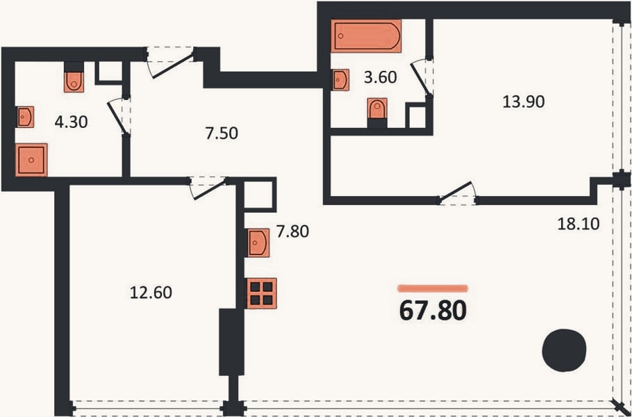 Планировка: 2-к, 67,8 м²