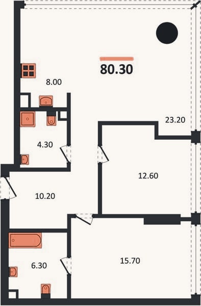 Планировка: 2-к, 80,3 м²