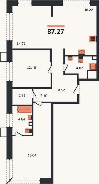 Планировка: 2-к, 87,3 м²
