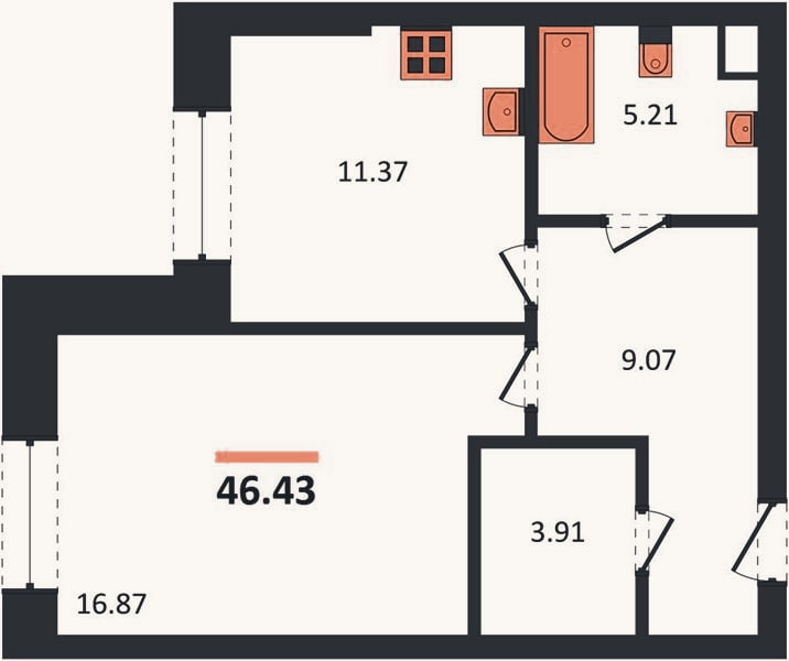 Планировка: 1-к, 46,4 м²