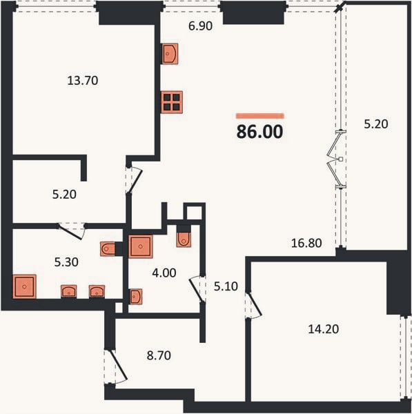 Планировка: 2-к, 86 м²