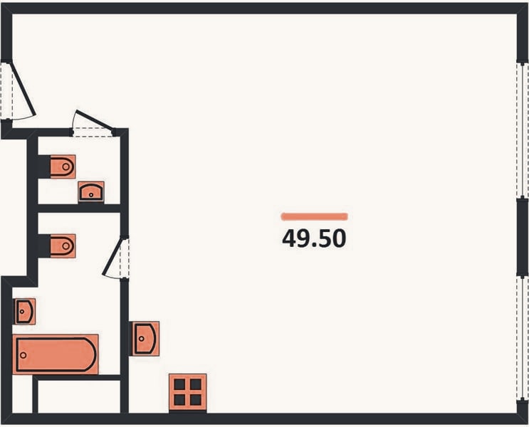 Планировка: 1-к, 49,5 м²