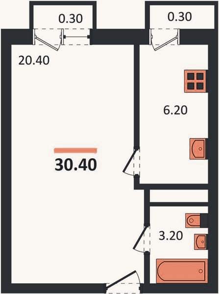 Планировка: 1-к, 30,4 м²