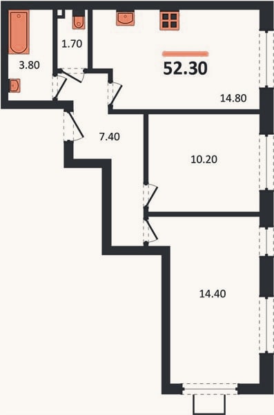 Планировка: 2-к, 52,3 м²