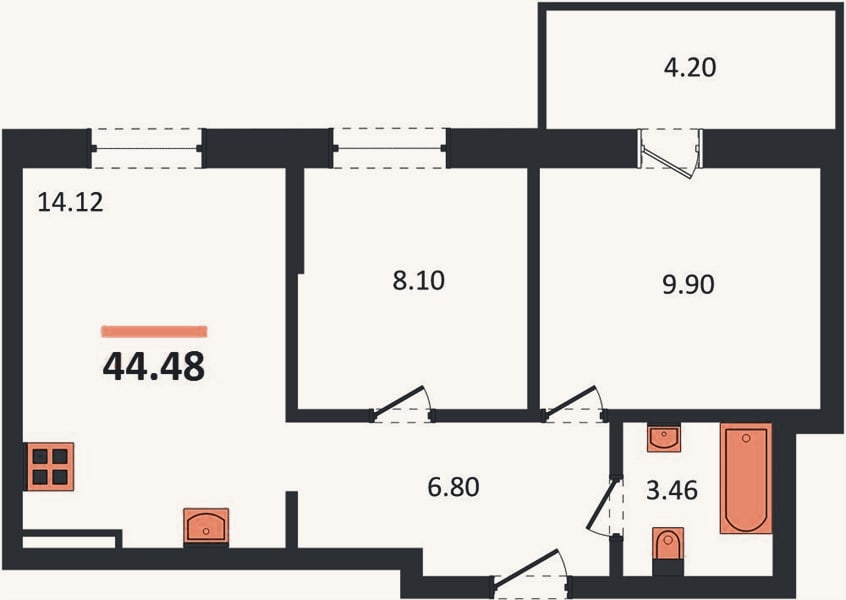 Планировка: 2-к, 44,5 м²