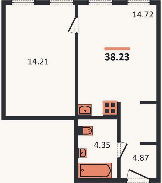 Планировка: 1-к, 38,2 м²