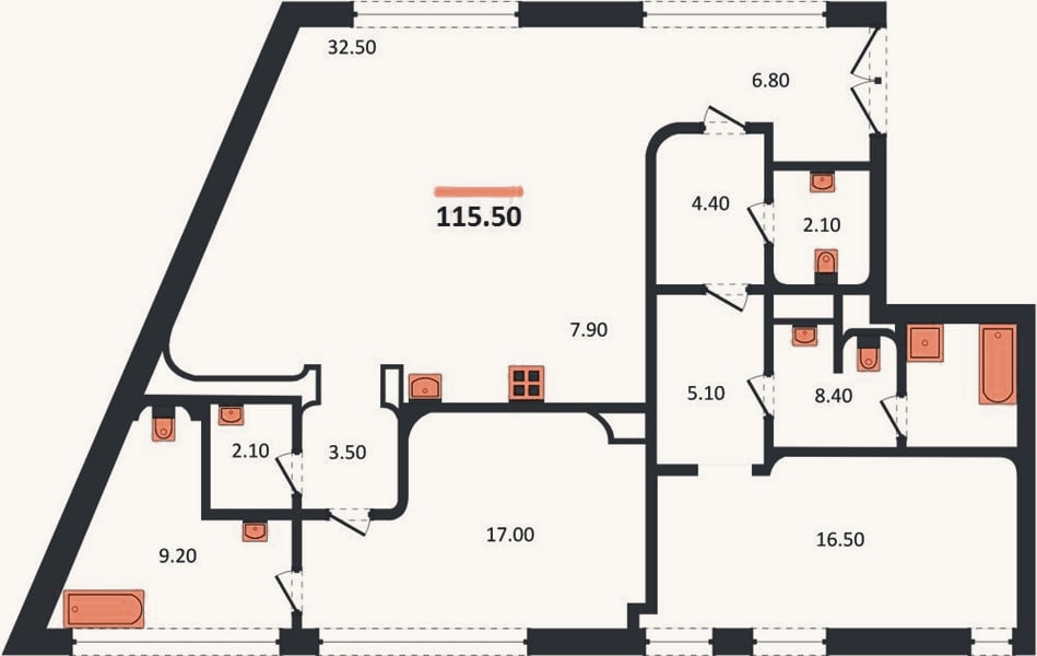 Планировка: 2-к, 115,5 м²