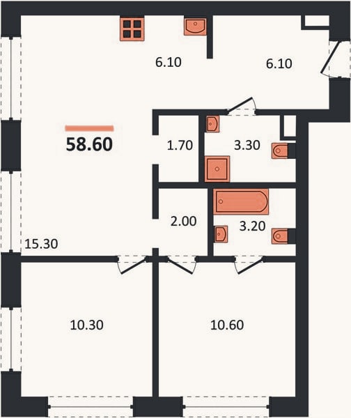 Планировка: 2-к, 58,6 м²