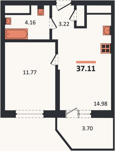 Планировка: 1-к, 36 м²