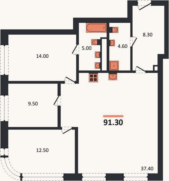 Планировка: 3-к, 91,3 м²