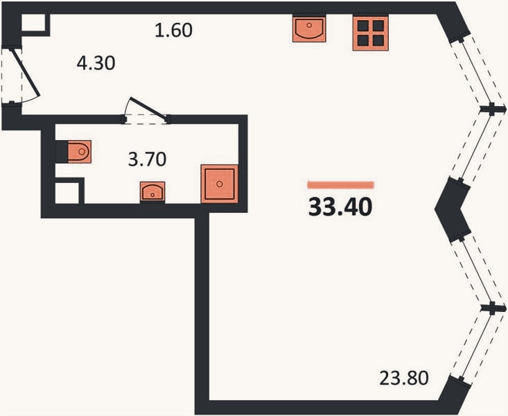 Планировка: Студия, 33,4 м²