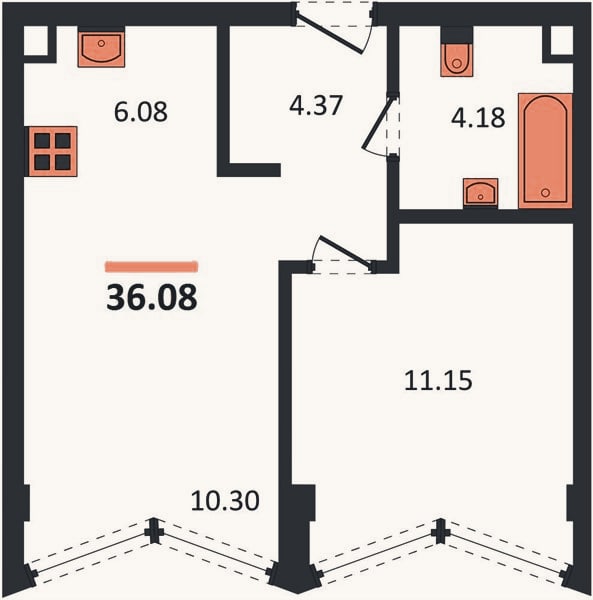 Планировка: 1-к, 36,1 м²