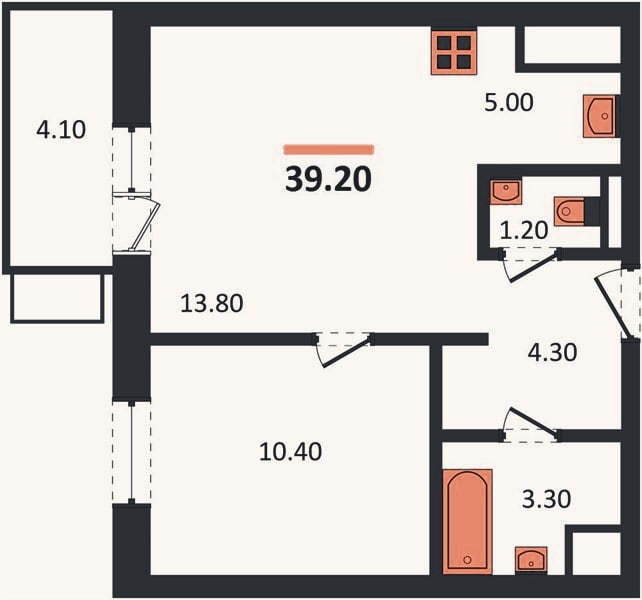 Планировка: 1-к, 39,2 м²