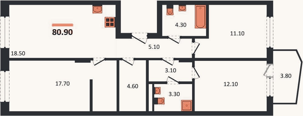 Планировка: 3-к, 80,9 м²