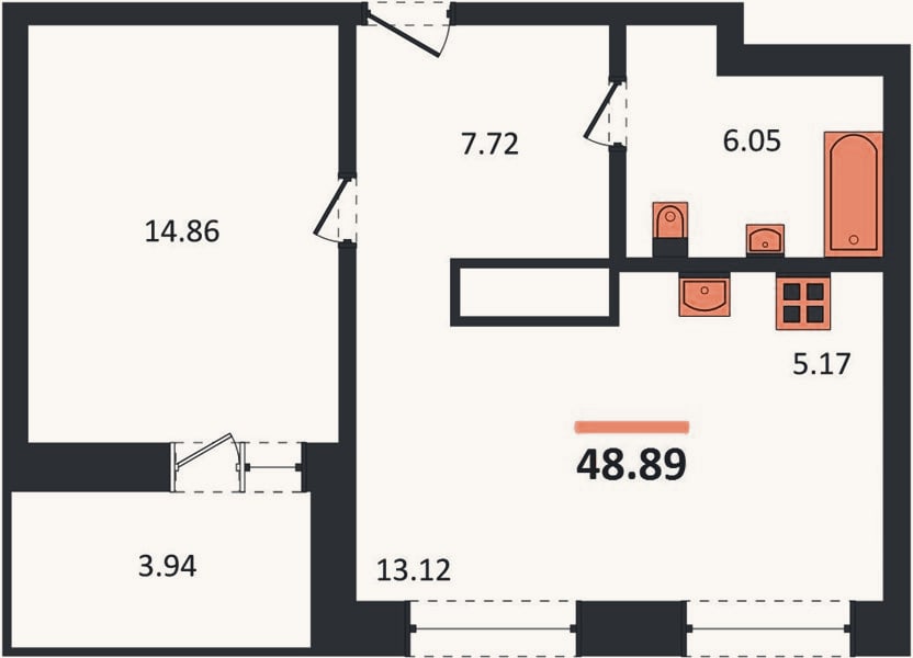 Планировка: 1-к, 48,9 м²