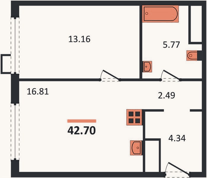 Планировка: 1-к, 42,7 м²