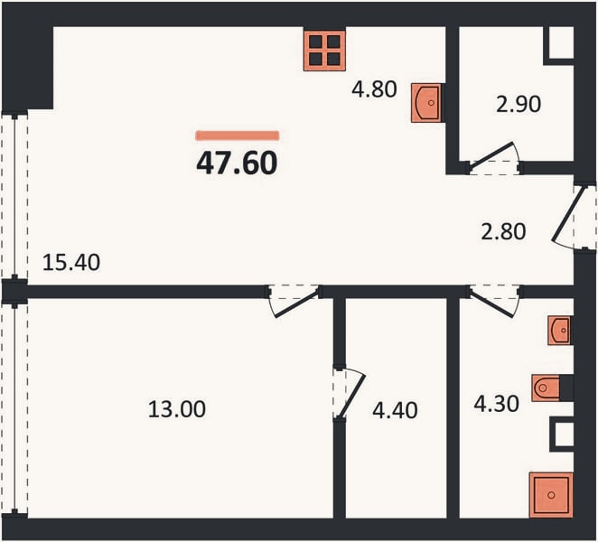 Планировка: 1-к, 47,6 м²