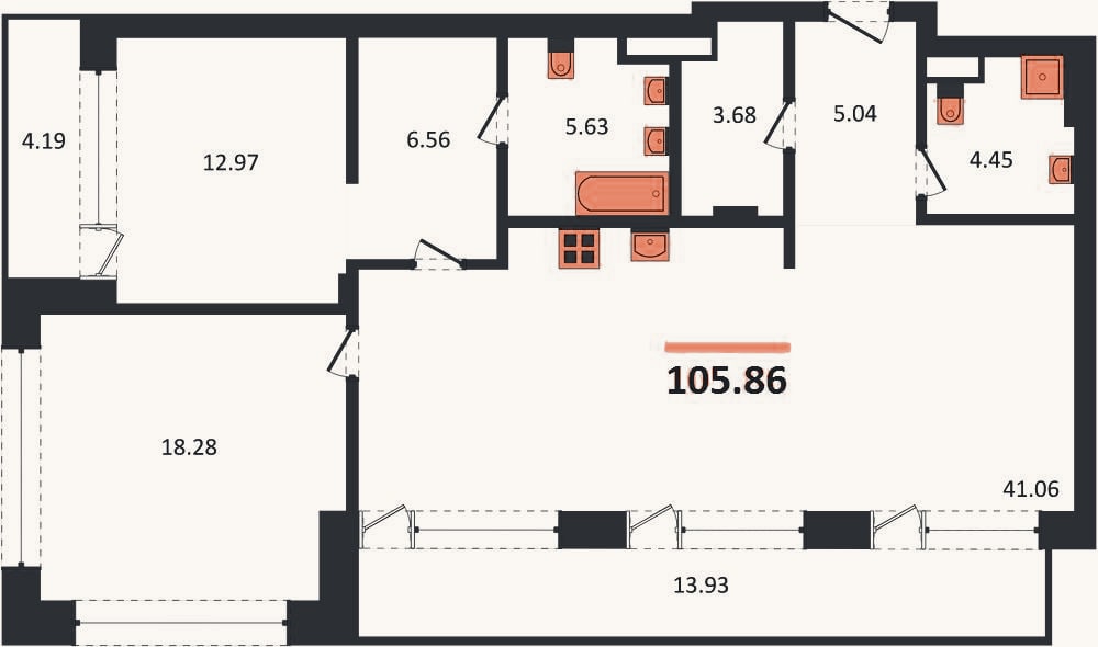Планировка: 2-к, 105,7 м²