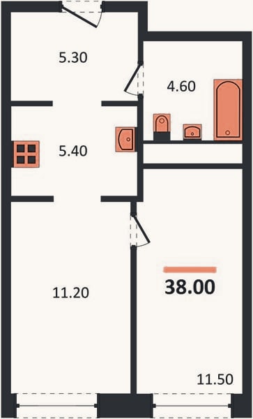 Планировка: 1-к, 38 м²