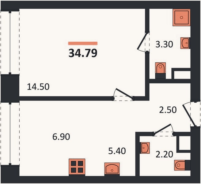 Планировка: 1-к, 34,8 м²