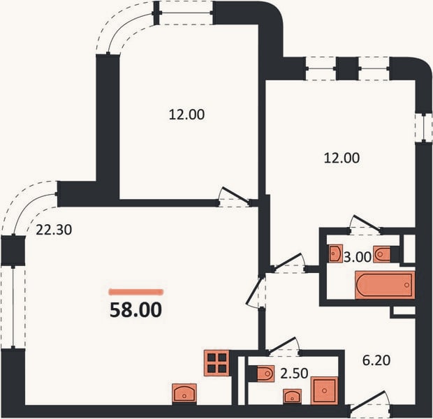 Планировка: 2-к, 58 м²