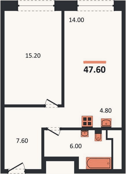 Планировка: 1-к, 47,6 м²