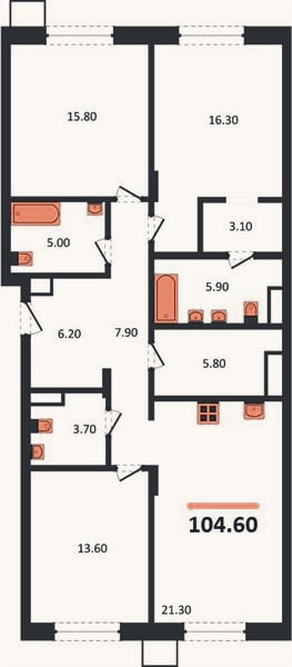 Планировка: 3-к, 104,6 м²