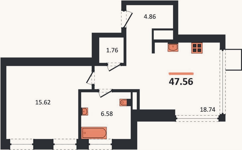 Планировка: 1-к, 47,6 м²