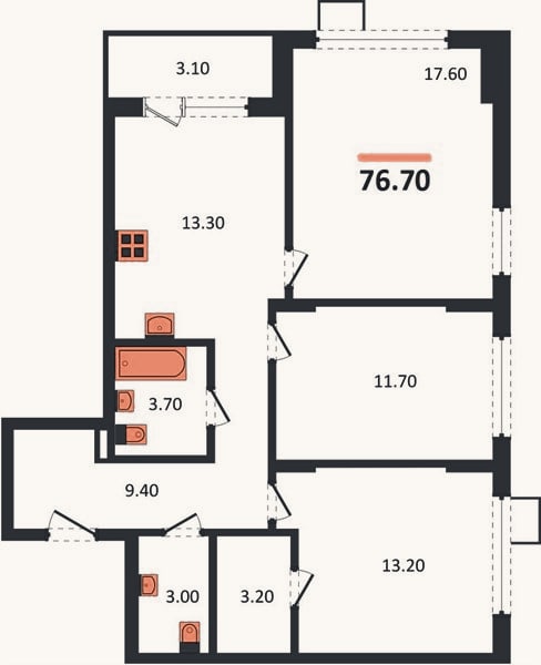 Планировка: 3-к, 76,7 м²