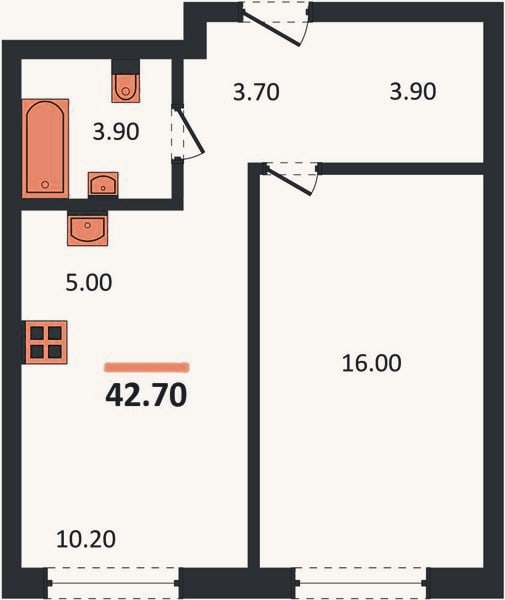 Планировка: 1-к, 42,7 м²