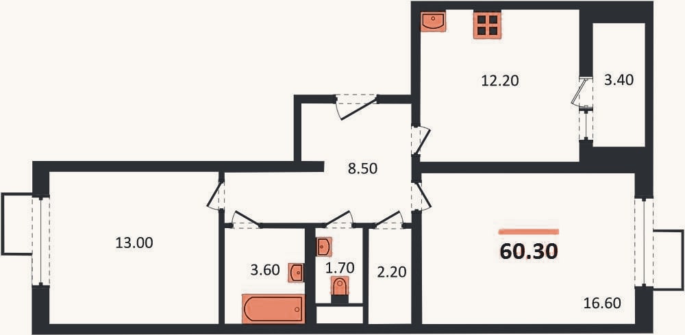Планировка: 2-к, 60,3 м²