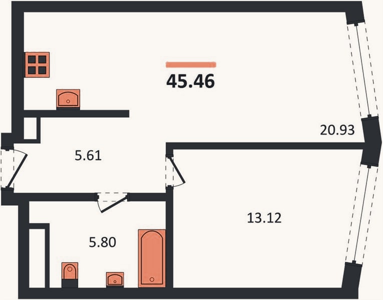 Планировка: 1-к, 45,5 м²