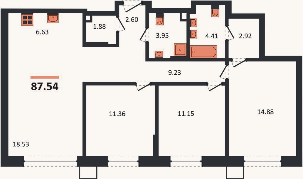 Планировка: 3-к, 87,5 м²