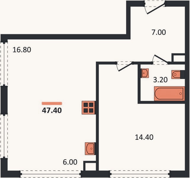 Планировка: 1-к, 47,4 м²