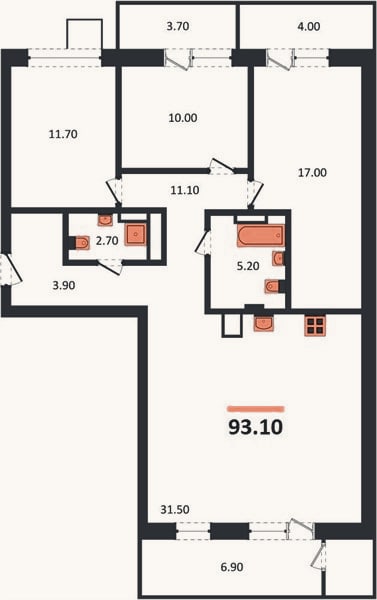 Планировка: 3-к, 93,1 м²