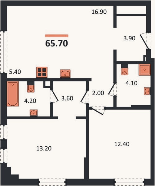 Планировка: 2-к, 65,7 м²
