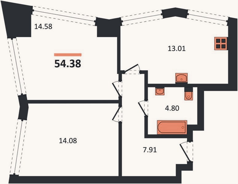 Планировка: 2-к, 54,4 м²