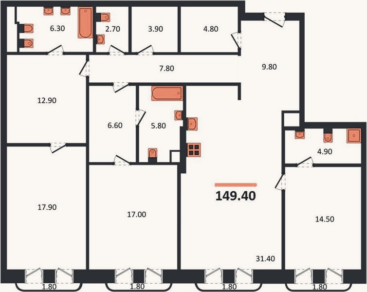 Планировка: 3-к, 149,4 м²
