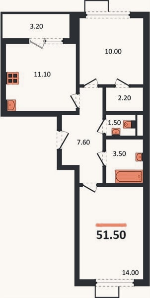 Планировка: 2-к, 51,5 м²