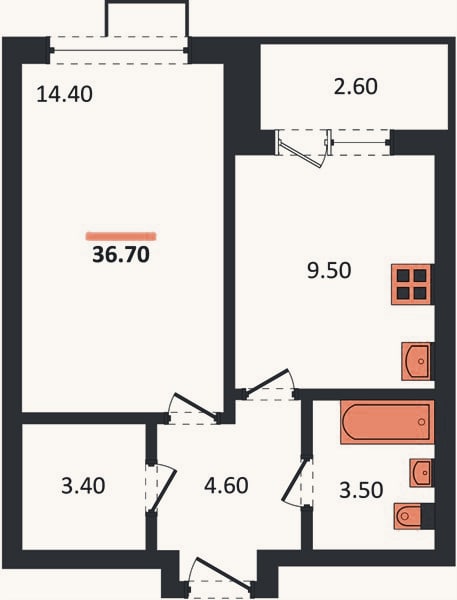 Планировка: 1-к, 36,7 м²